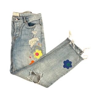 Free People Blue Jeans with Colorful Floral Patches